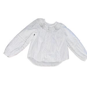 Anthropologie White Cotton Eyelet Top Blouse Balloon Sleeve High Low sz Small